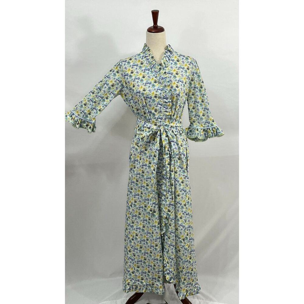 EVI GRINTELA Sz XS Floral Ruffle Edge Belted Cotton Maxi Shirt Dress